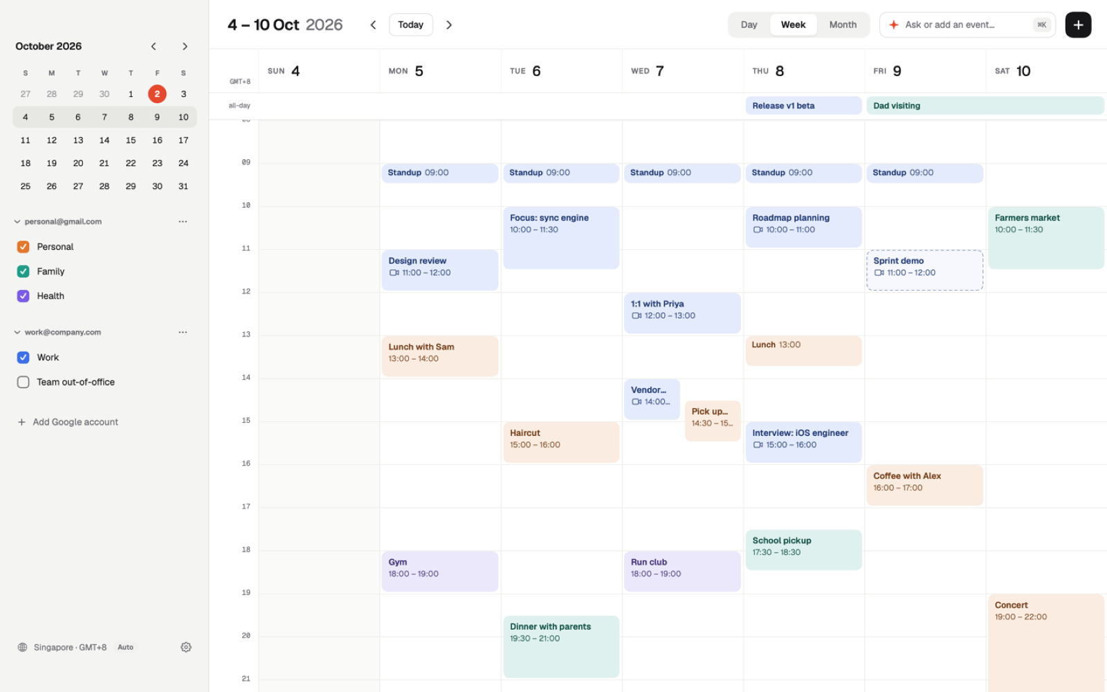 Cal on the Mac: week view with the sidebar's mini month and calendars
